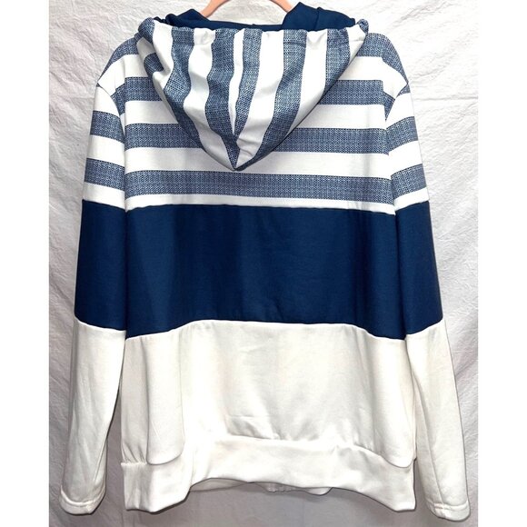Full-Zip Hoodie XXL Blue and White Striped Jacket w Drawstring Hood & Pockets - Picture 2 of 3
